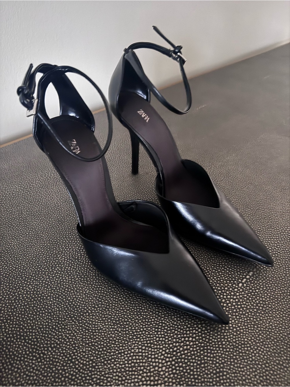 Zara Black Pointed Ankle-Strap Stiletto Pumps